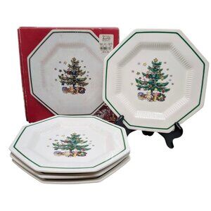 Nikko Christmastime Salad Dessert Plate SET OF 4 Christmas Tree 8" Octagon JAPAN